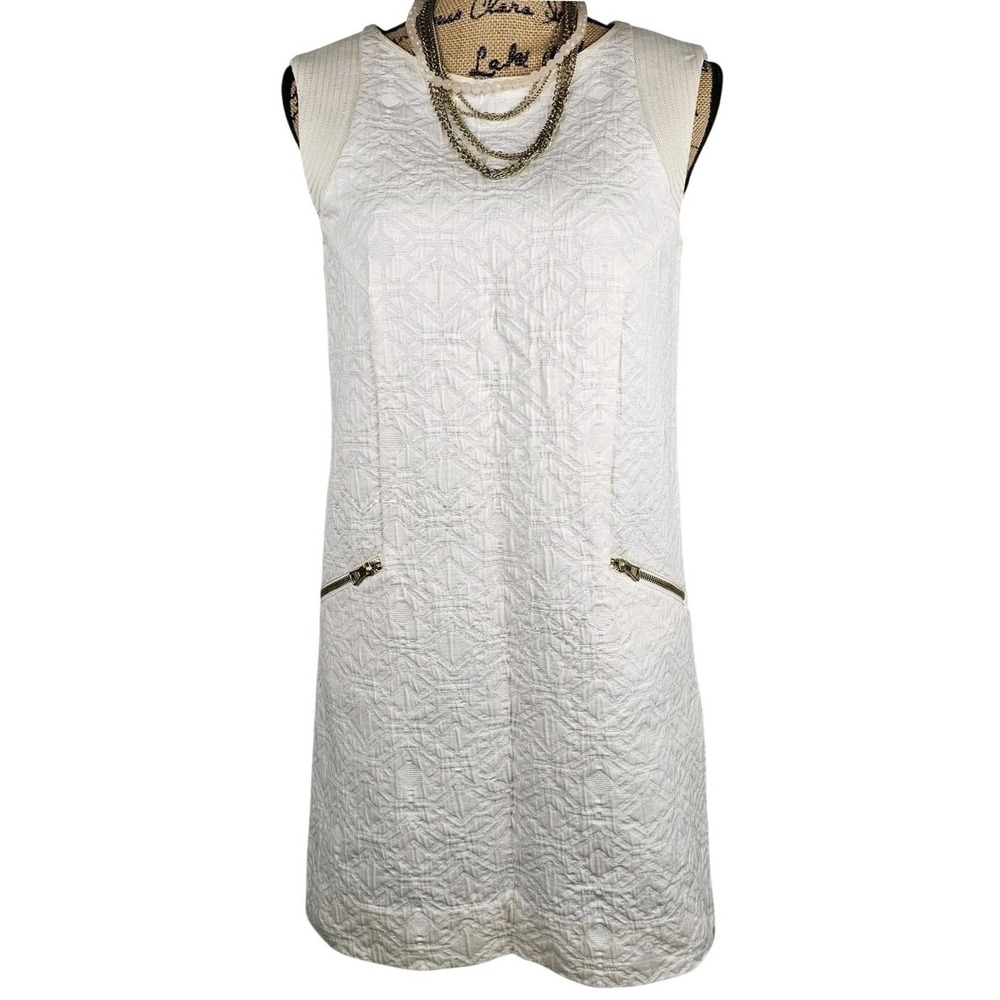 J.Crew Womens Textured Jacquard Shift Dress Ivory Gold Zip Pockets XS